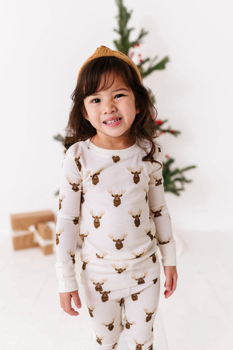 Moose Waffle Knit Kids Pajama Set - Kiki + Lulu