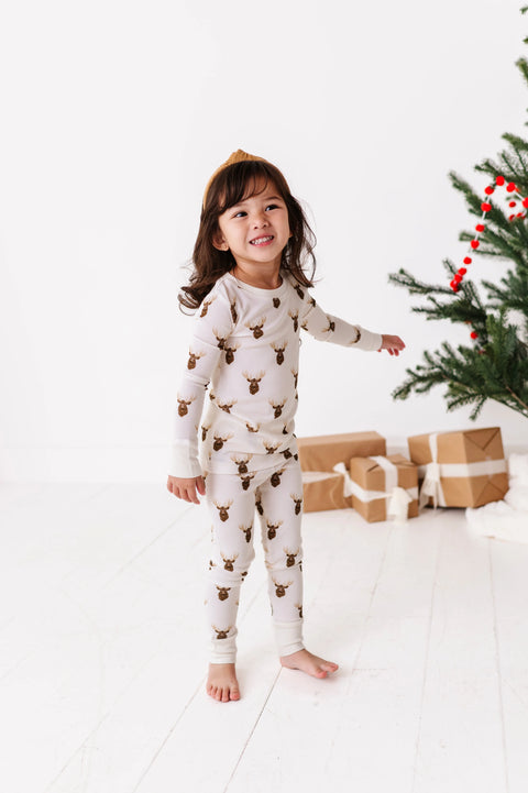 Moose Waffle Knit Kids Pajama Set - Kiki + Lulu