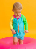 Neon Color Block One Piece Rash Guard - RuffleButts + RuggedButts