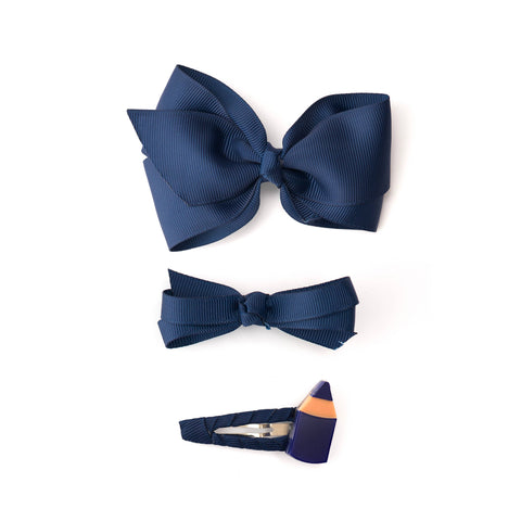 Pencil & Fabric Bows Navy Hair Clips - Lilies & Roses NY