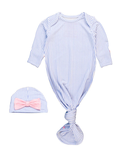 Periwinkle Blue Stripe Bamboo Knotted Ruffle Gown & Hat Set - RuffleButts + RuggedButts