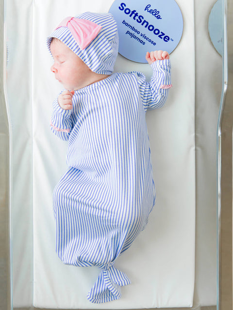 Periwinkle Blue Stripe Bamboo Knotted Ruffle Gown & Hat Set - RuffleButts + RuggedButts