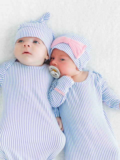 Periwinkle Blue Stripe Bamboo Knotted Ruffle Gown & Hat Set - RuffleButts + RuggedButts