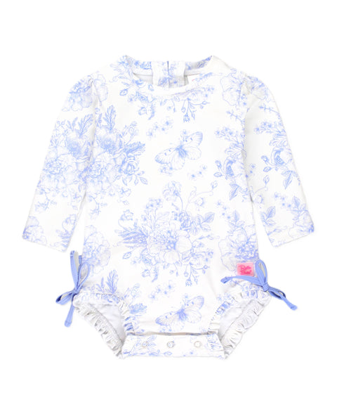 Periwinkle Butterfly Garden One Piece Rash Guard - RuffleButts + RuggedButts