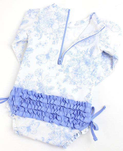 Periwinkle Butterfly Garden One Piece Rash Guard - RuffleButts + RuggedButts