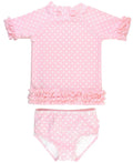 Pink Polka Dot Short Sleeve Rash Guard Bikini - RuffleButts + RuggedButts