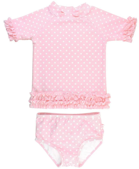 Pink Polka Dot Short Sleeve Rash Guard Bikini - RuffleButts + RuggedButts