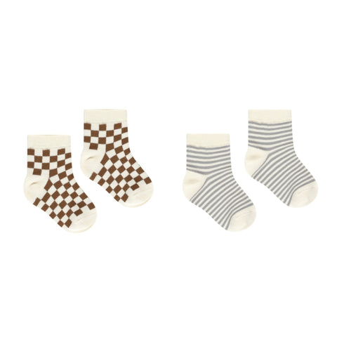 Printed Socks | Blue Stripe & Saddle Check - Rylee + Cru