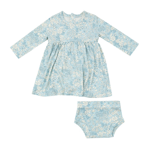 Ribbed Blue Meadow Floral Simple Dress & Bloomer - Angel Dear