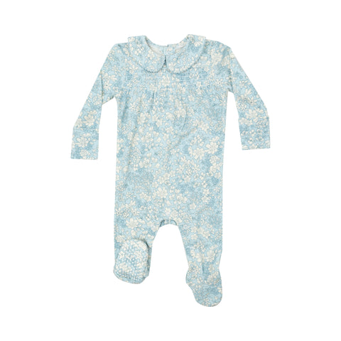 Ribbed Blue Meadow Floral Smocked Peter Pan Footie - Angel Dear