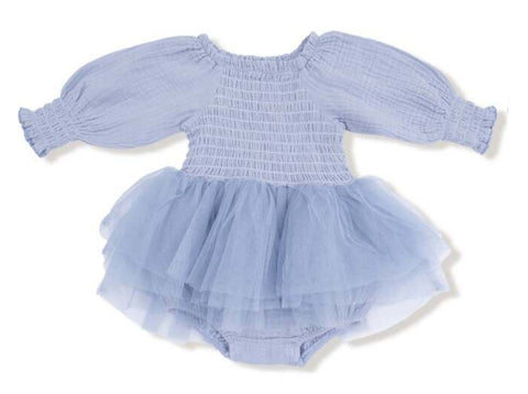 Long Sleeve Smocked Bubble with Tutu - Soft Chambray