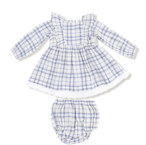 Long Sleeve Dress with Eyelet Hem - Blue Plaid