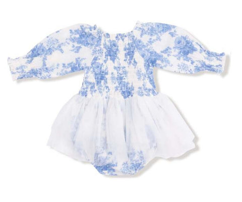Long Sleeve Smocked Bubble with Tutu - Dream Cottage Floral Blue