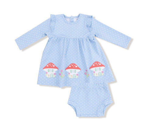 Long Sleeve Dress & Diaper Cover - Chambray Blue Dots with Mushroom Houses Applique