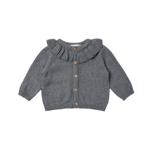 Ruffle Collar Cardigan - Heathered Navy - Butterbugboutique