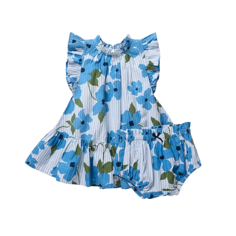 Blue floral baby romper with ruffled details on a white background