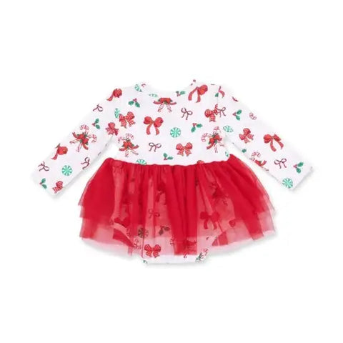 Long Sleeve Tutu Bodysuit Dress - Bows & Candy Canes