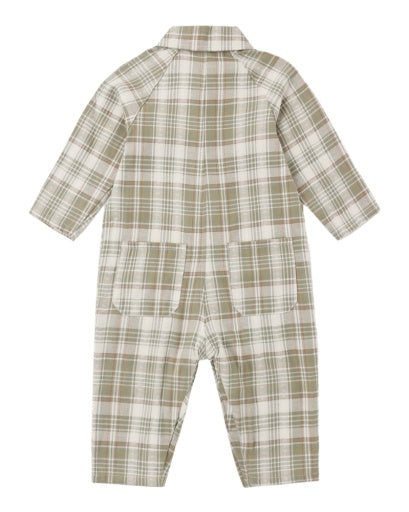 Collared Baby Jumpsuit | Olive Dobby Plaid
