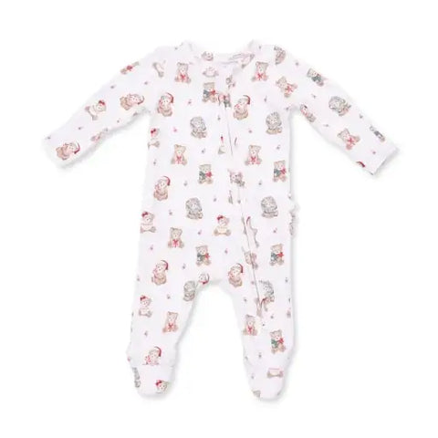 2 Way Ruffle Back Zipper Footie - Christmas Teddy Bears Pink