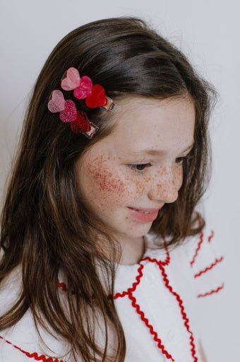 Hearts Glitter Pearlized Red Shades Hair Clips -Val