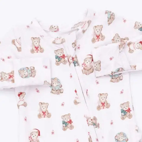 2 Way Ruffle Back Zipper Footie - Christmas Teddy Bears Pink