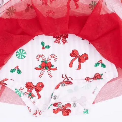 Long Sleeve Tutu Bodysuit Dress - Bows & Candy Canes