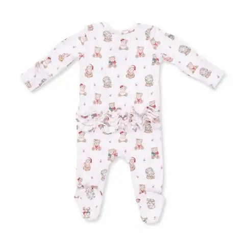 2 Way Ruffle Back Zipper Footie - Christmas Teddy Bears Pink