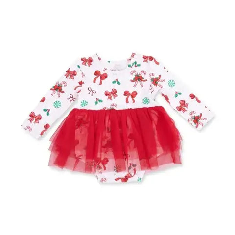 Long Sleeve Tutu Bodysuit Dress - Bows & Candy Canes