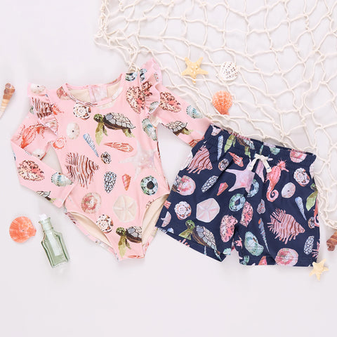 Girls Rachel Suit - Pink Watercolor Shells