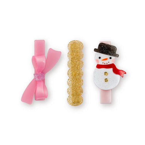 Snowman & Pink Bow Holiday Hair Clips - Lilies & Roses NY