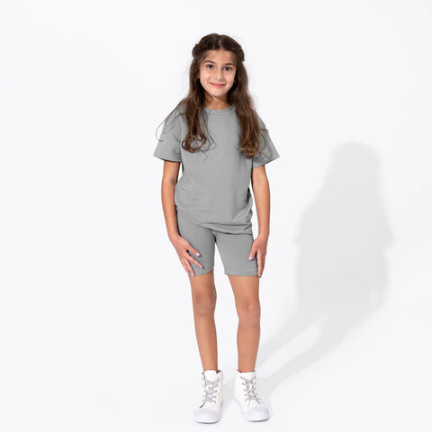 Stormy Grey Bamboo Kids Oversized Tee & Biker Short Set - Bellabu Bear