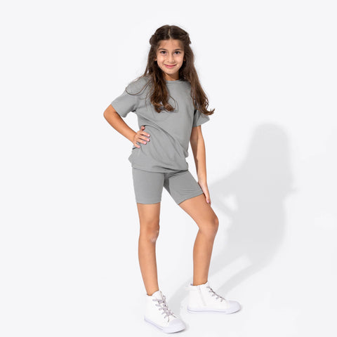 Stormy Grey Bamboo Kids Oversized Tee & Biker Short Set - Bellabu Bear