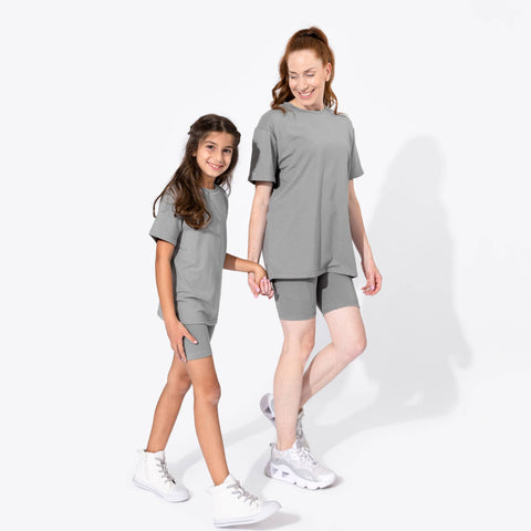 Stormy Grey Bamboo Kids Oversized Tee & Biker Short Set - Bellabu Bear