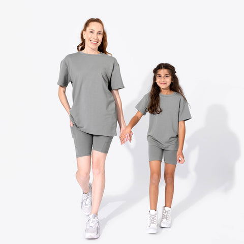 Stormy Grey Bamboo Kids Oversized Tee & Biker Short Set - Bellabu Bear