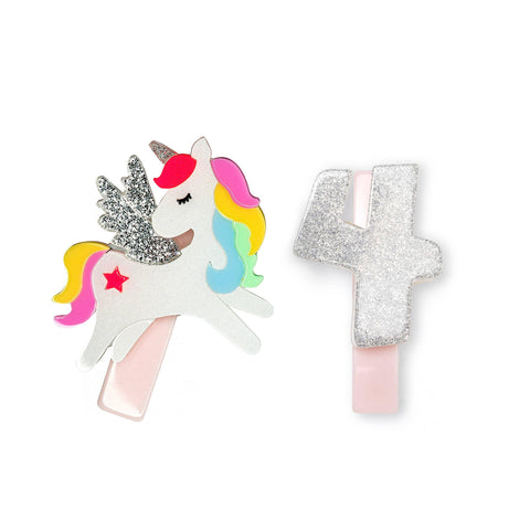 Unicorn Birthday Number 4 Alligator Clips Set - Lilies & Roses NY