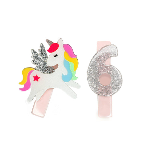 Unicorn Birthday Number 6 Alligator Clips Set - Lilies & Roses NY