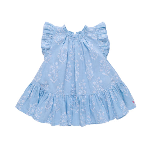 Girls Harper Dress - Blue Dewdrop Block Print