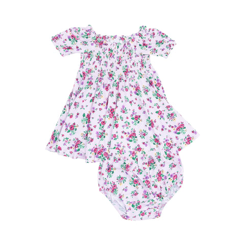 Puff Sleeve Smocked Dress & Diaper Cover - Preppy Roses