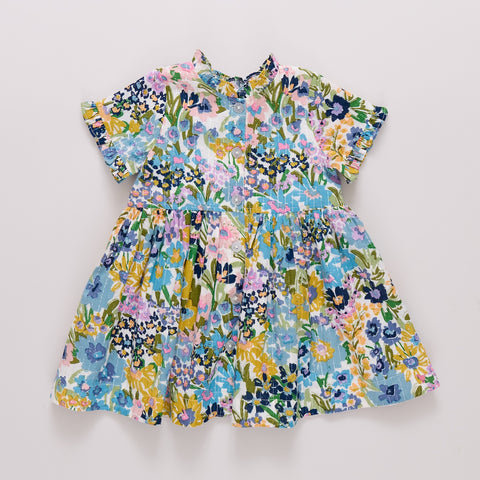 Girls Autumn Dress - Blue Large Sketched Floral