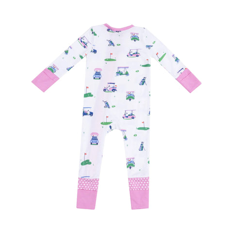 2 Way Zipper Romper - Pink Vintage Golf Carts