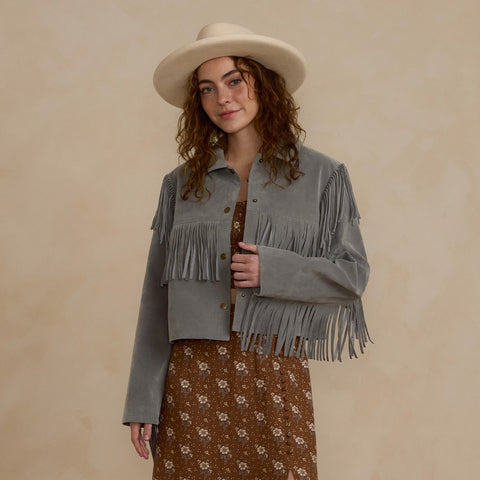 Womens Fringe Jacket | Dusty Blue - Rylee + Cru