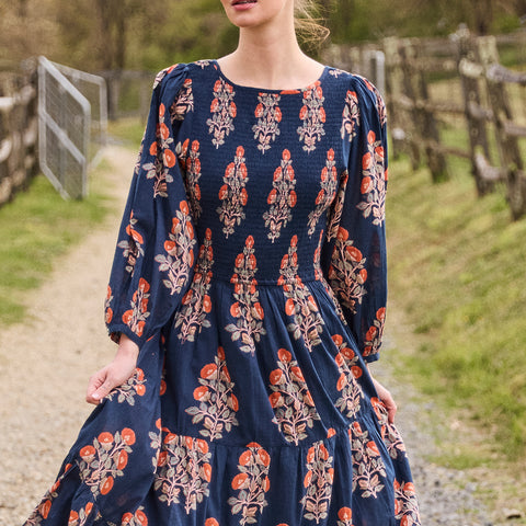 Womens Sen Dress - Navy Bouquet Floral - Pink Chicken