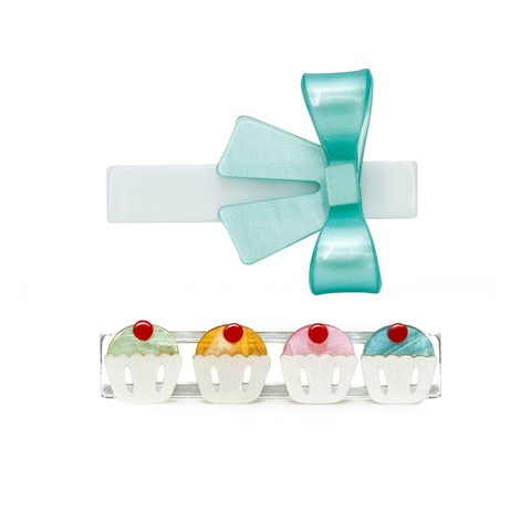 Cupcakes & Bow Pearlized Hair Clips Set - Lilies & Roses NY