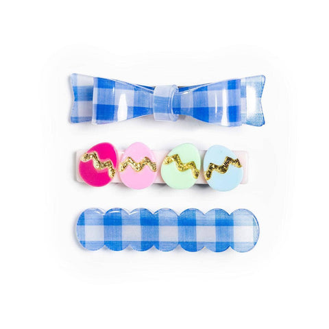 Easter Eggs & Blue Plaid Bow Hair Clip Set - Lilies & Roses NY