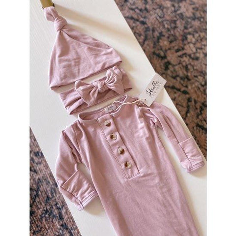 Dusty Rose Knotted Baby Gown, Hat, and Headband Set from Stroller Society