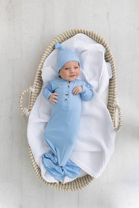 Knotted Button Baby Gown & Hat Set - Baby Blue - Stroller Society