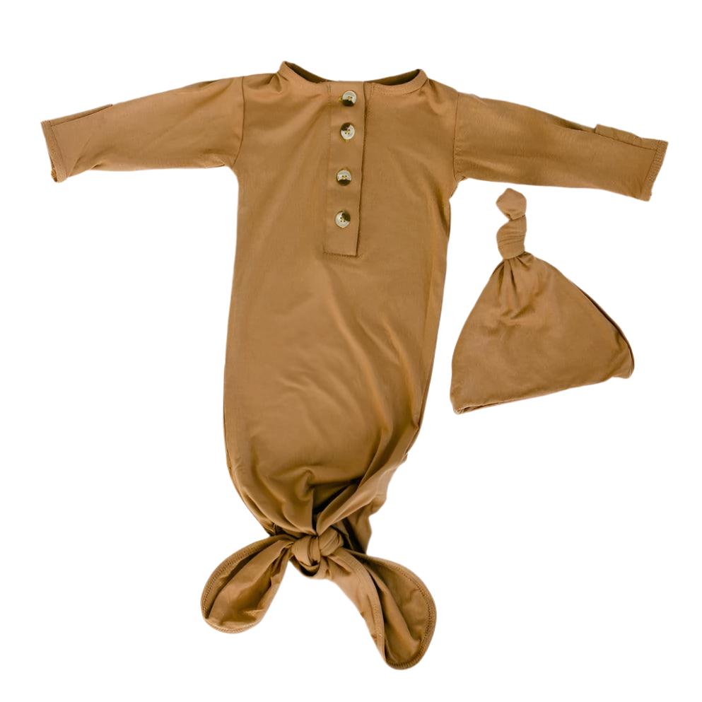 Knotted Button Baby Gown & Hat Set - Camel - Stroller Society