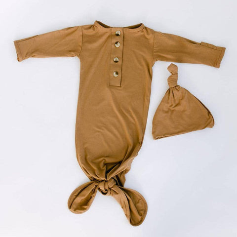 Knotted Button Baby Gown & Hat Set - Camel - Stroller Society