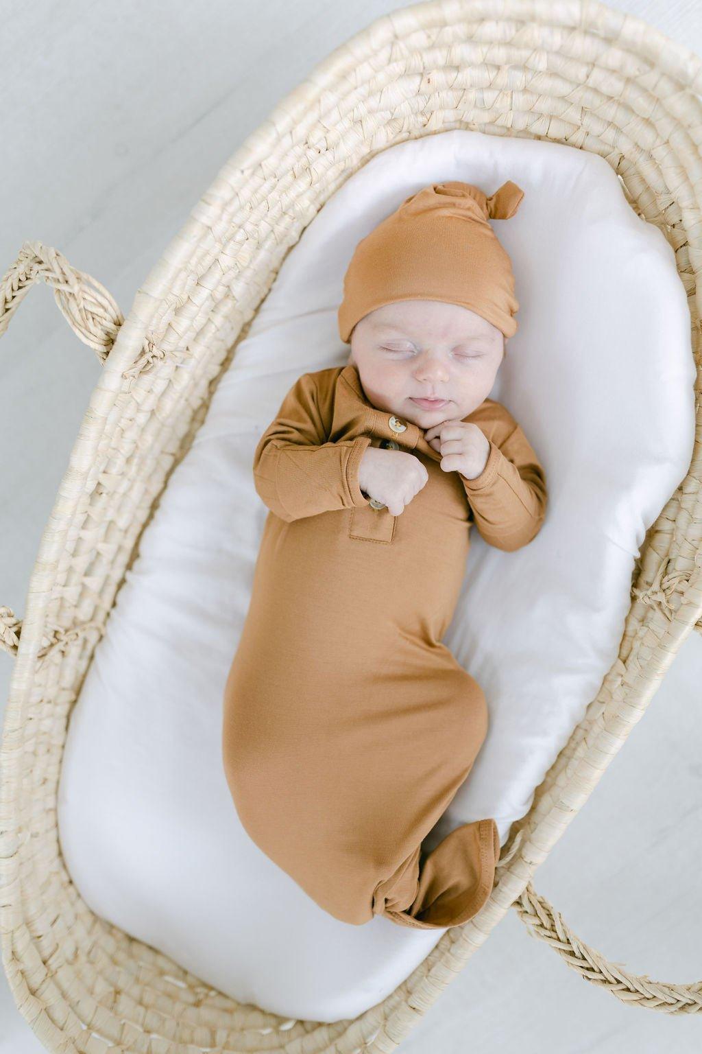 Knotted Button Baby Gown & Hat Set - Camel - Stroller Society