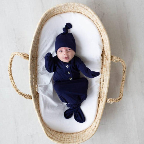 Knotted Button Baby Gown & Hat Set - Navy Blue - Stroller Society